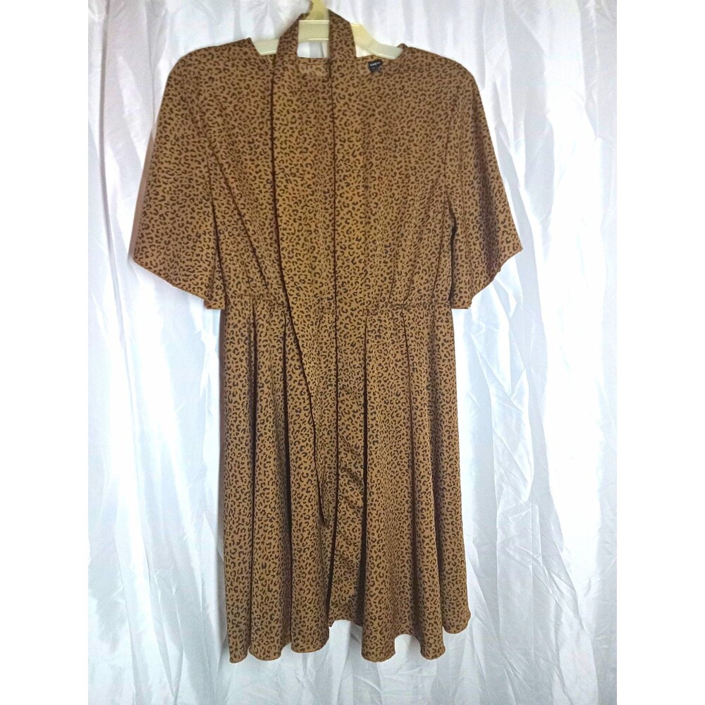 8/10 Womens Animal Print Fit & Flare Dress Keyhole Button Belt Elastic Waist L